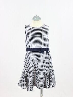 Girls' JANIE AND JACK Navy Blue White Mini Check Jacquard Knit Bow Dress, Size 6